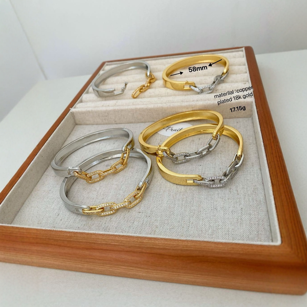Wholesale Jewelry Vintage Style Geometric Copper Zircon Mixed Metal Plating Bangle 2