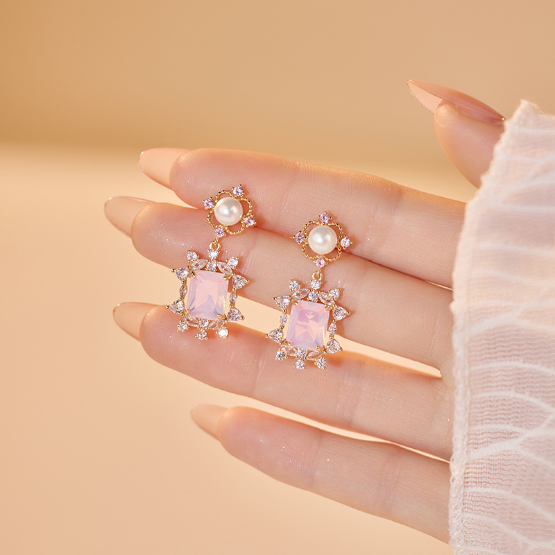 For Women Quadrilateral Earrings In Real Gold Plated Copper With Zircon Inlay, Elegant Gold Tone Jewelry