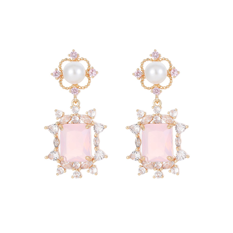 For Women Quadrilateral Earrings In Real Gold Plated Copper With Zircon Inlay, Elegant Gold Tone Jewelry 5