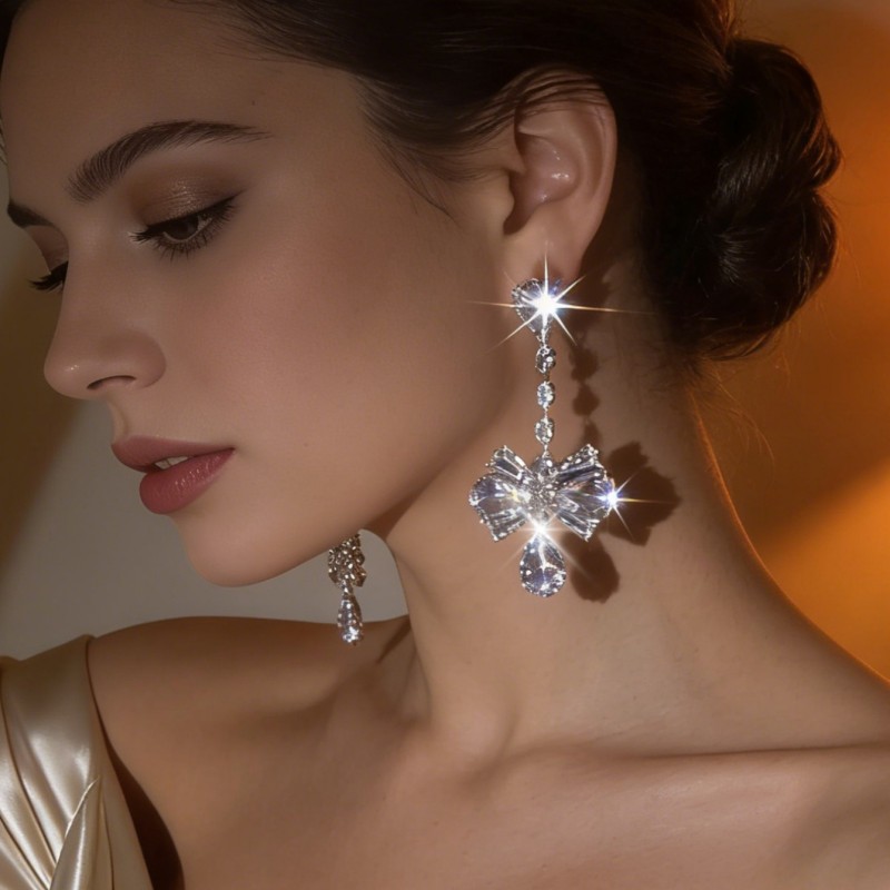 Women’s Butterfly Drop Earrings With Tassel Design, Electroplated White K Gold Plated Copper Featuring Zircon Inlay