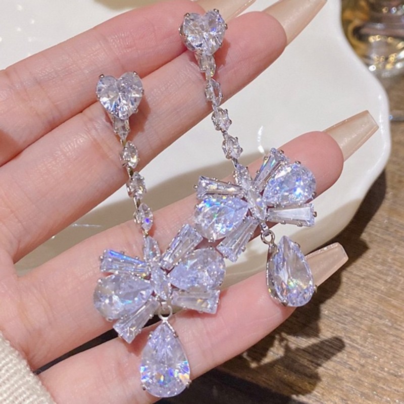 Women’s Butterfly Drop Earrings With Tassel Design, Electroplated White K Gold Plated Copper Featuring Zircon Inlay 3