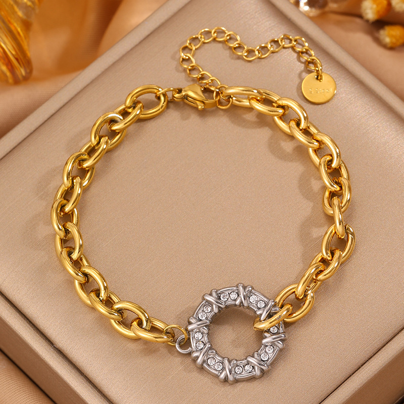 Women’s Circle Bracelet With Rhinestones, Gold Electroplated 304 Stainless Steel Jewelry