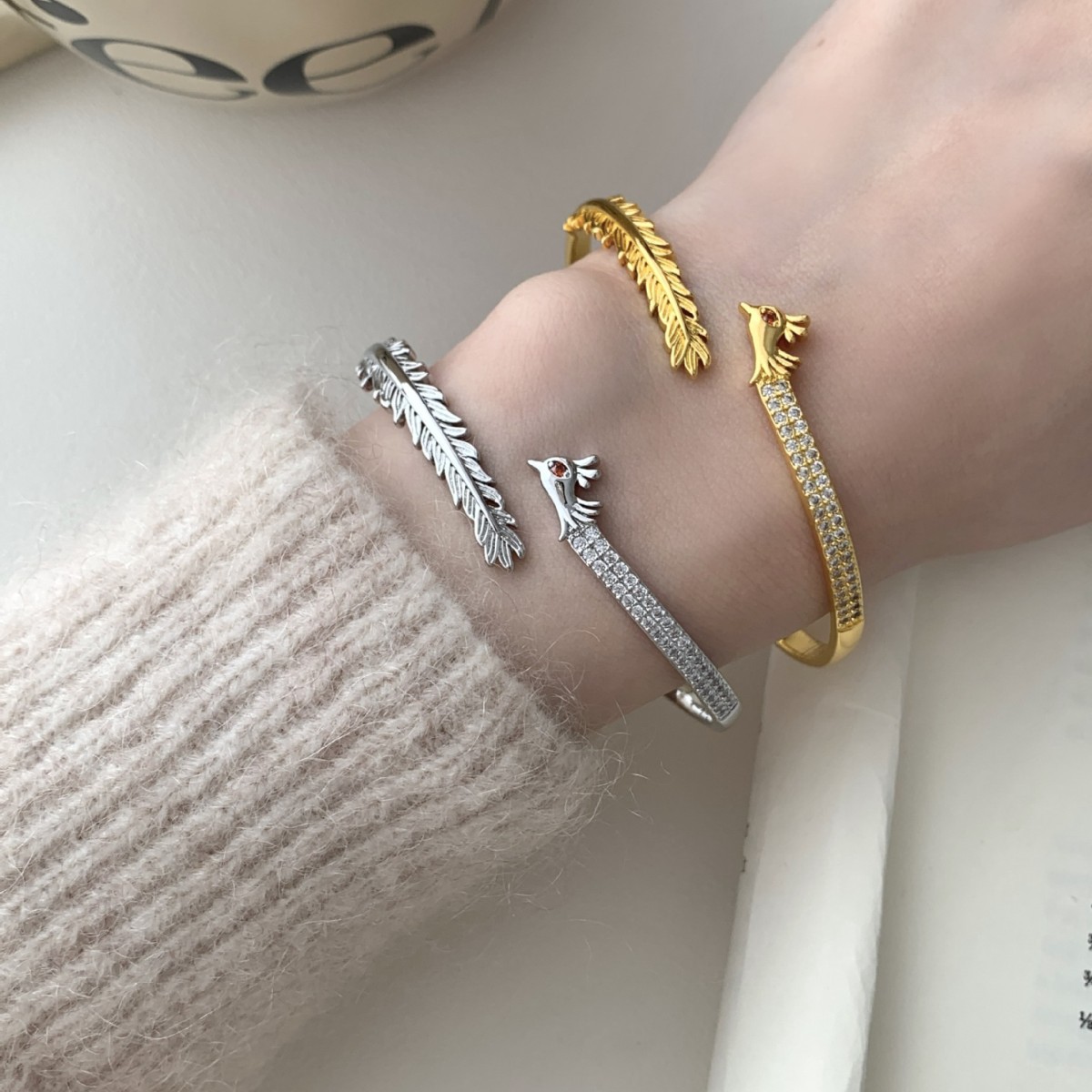 Phoenix Inlay Bangle For Women In Copper With Golden Plated 0.03µm Thickness Featuring Zircon