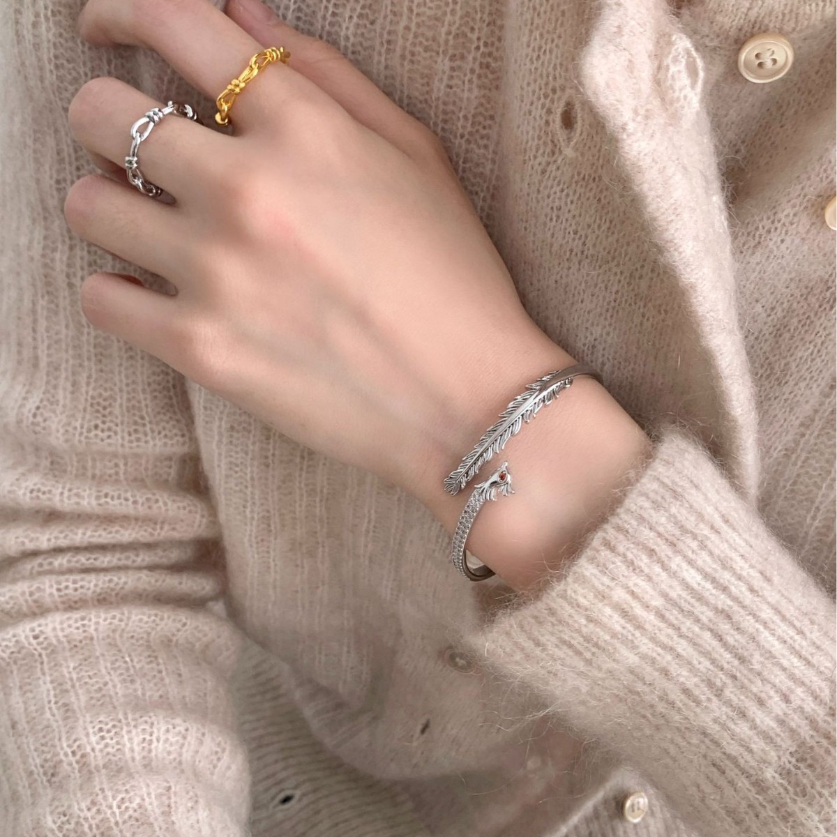 Phoenix Inlay Bangle For Women In Copper With Golden Plated 0.03µm Thickness Featuring Zircon 4