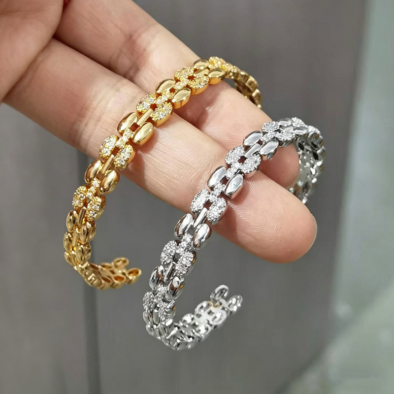 For Women Copper Wristband With Zircon Inlay Craftsmanship, Available In Silver