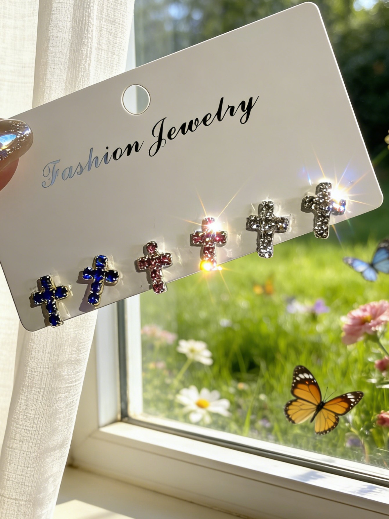 Women’s Cross Stud Earrings With Claw Setting, Silver Plated Copper Featuring Rhinestones, Electroplated Finish