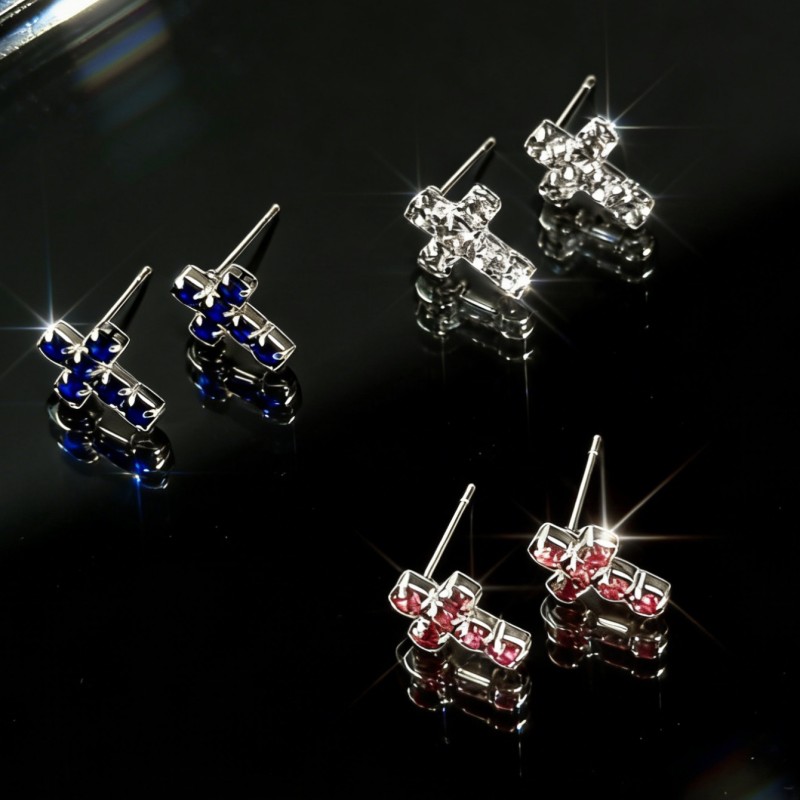 Women’s Cross Stud Earrings With Claw Setting, Silver Plated Copper Featuring Rhinestones, Electroplated Finish 2