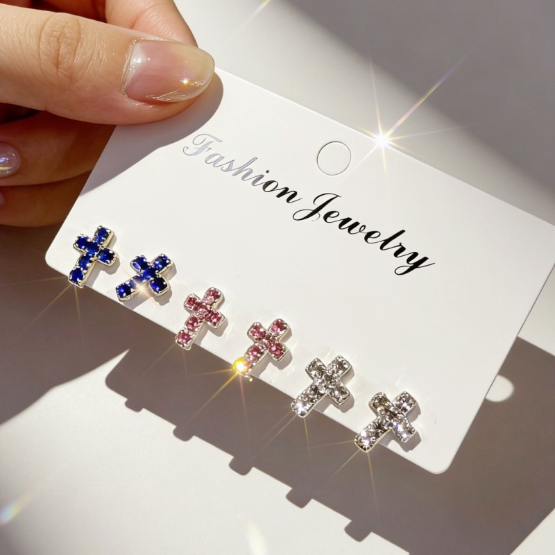 Women’s Cross Stud Earrings With Claw Setting, Silver Plated Copper Featuring Rhinestones, Electroplated Finish 3