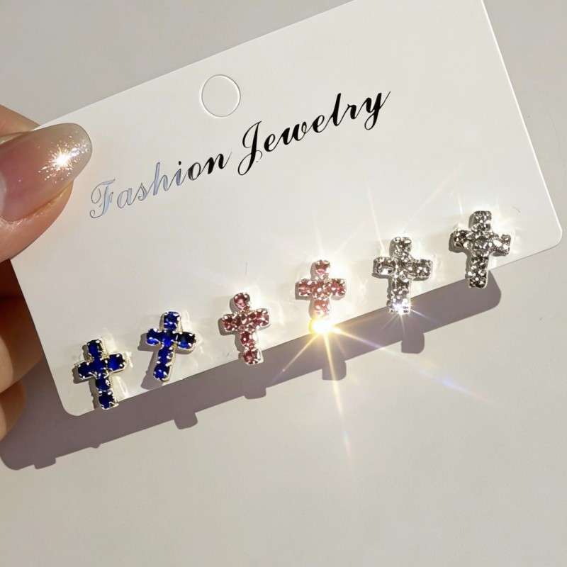 Women’s Cross Stud Earrings With Claw Setting, Silver Plated Copper Featuring Rhinestones, Electroplated Finish 4