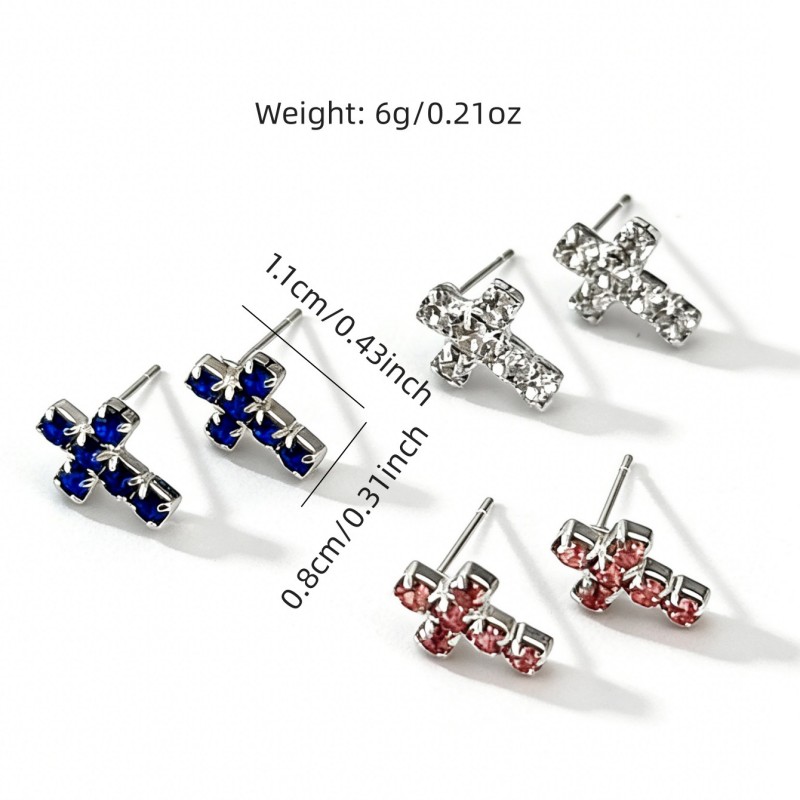 Women’s Cross Stud Earrings With Claw Setting, Silver Plated Copper Featuring Rhinestones, Electroplated Finish 5