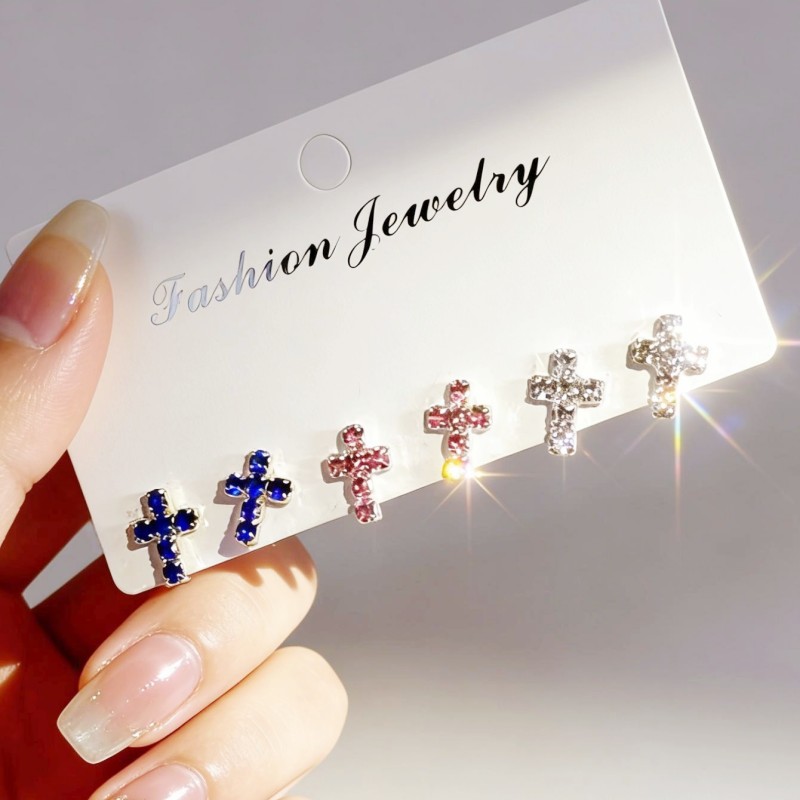 Women’s Cross Stud Earrings With Claw Setting, Silver Plated Copper Featuring Rhinestones, Electroplated Finish 6