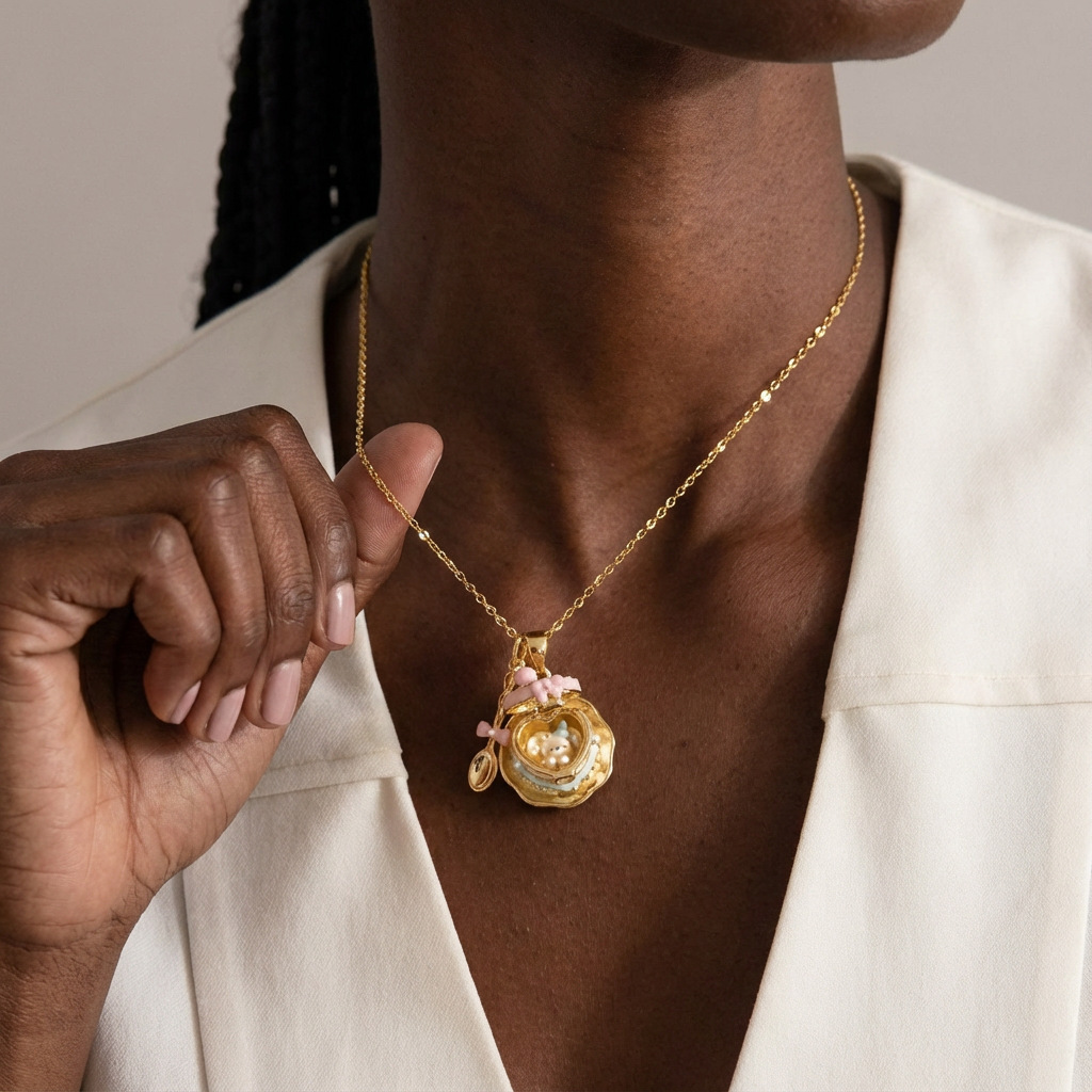 Women’s Enamel Cup Necklace With 18K Real Gold Plated Copper And Zircon Inlay, Featuring Electroplated Box Chain