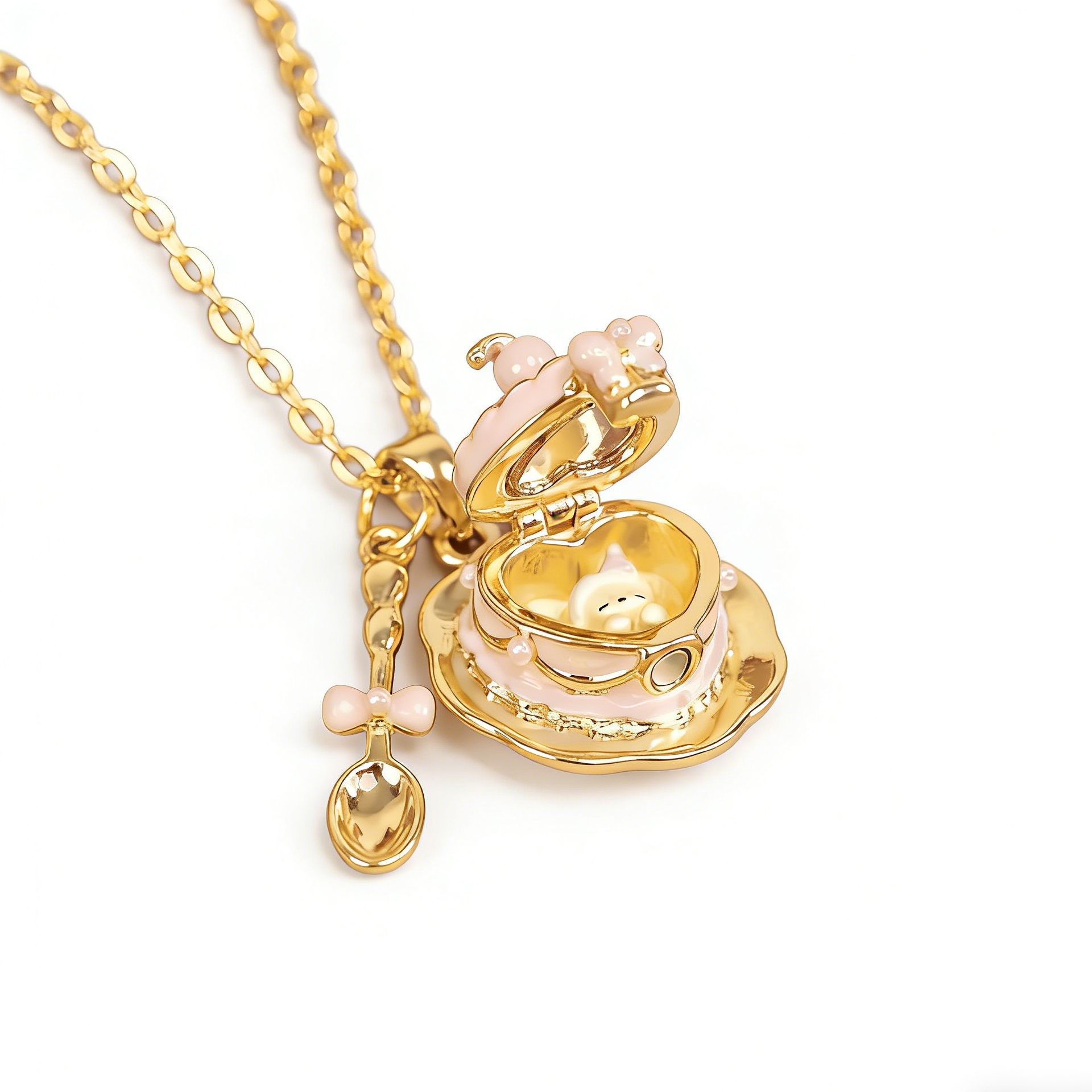 Women’s Enamel Cup Necklace With 18K Real Gold Plated Copper And Zircon Inlay, Featuring Electroplated Box Chain 9