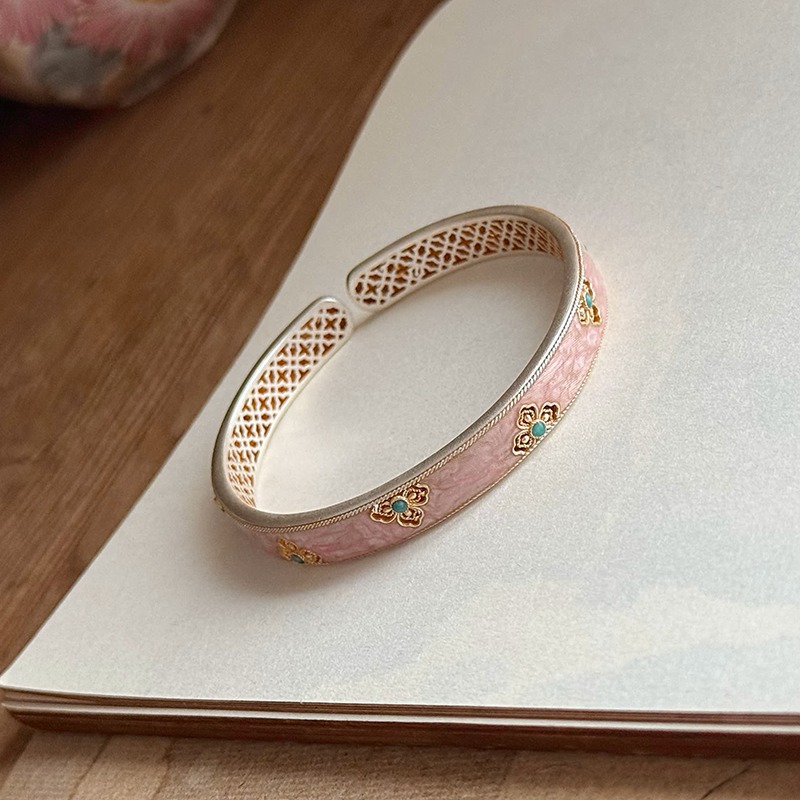 Women’s Enamel Flowers Bangle In Copper With Silver Plated Electroplated Finish 4