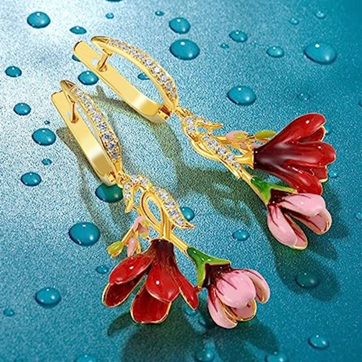 Women’s Flowers Enamel Earrings In Copper With KC Golden Water Plating And Zircon Inlay, Elegant Drop Design