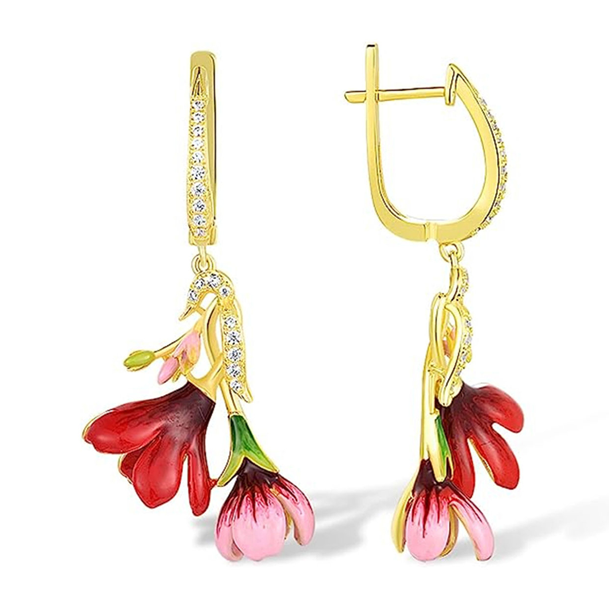 Women’s Flowers Enamel Earrings In Copper With KC Golden Water Plating And Zircon Inlay, Elegant Drop Design 2