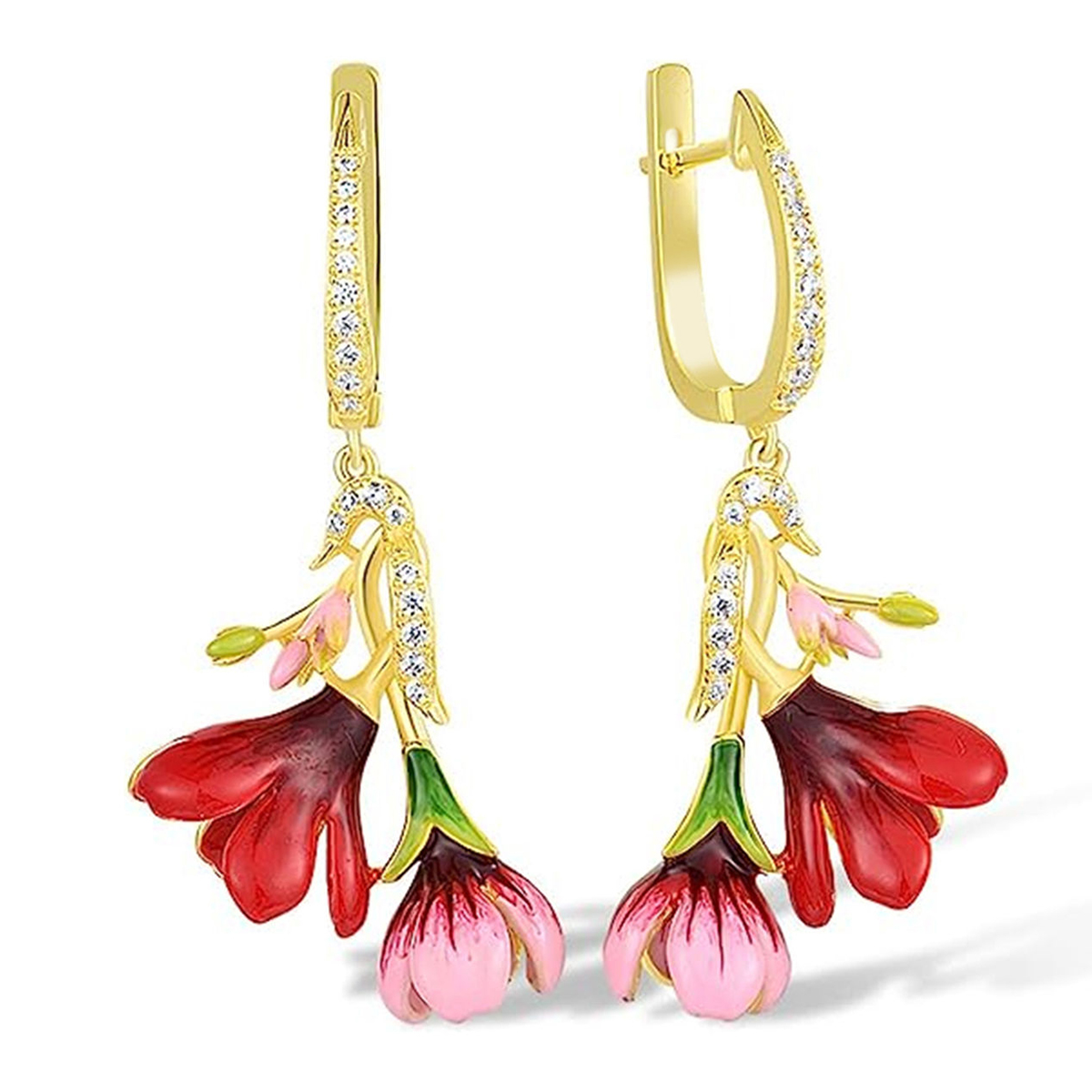 Women’s Flowers Enamel Earrings In Copper With KC Golden Water Plating And Zircon Inlay, Elegant Drop Design 3