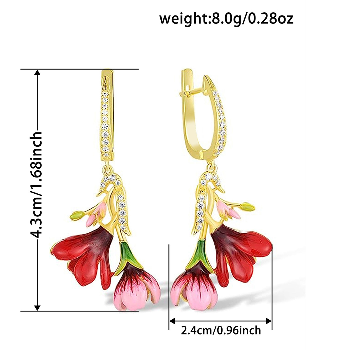 Women’s Flowers Enamel Earrings In Copper With KC Golden Water Plating And Zircon Inlay, Elegant Drop Design 4