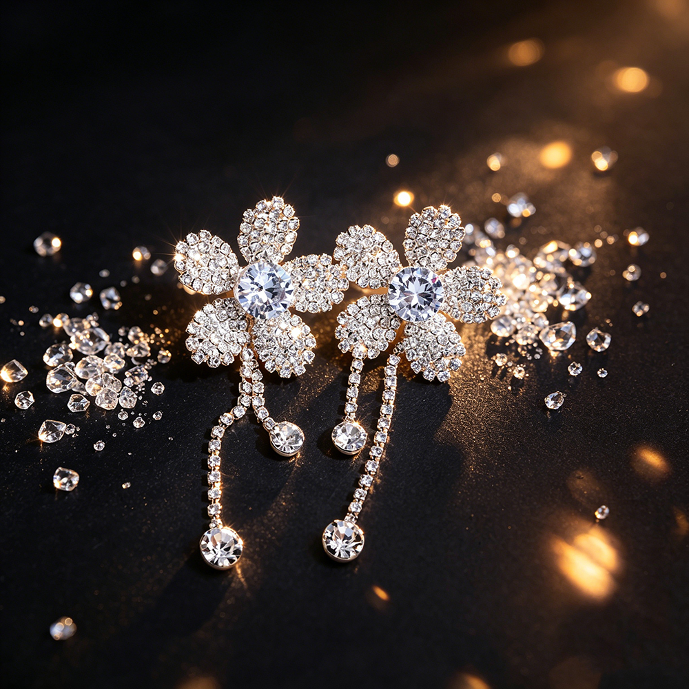 Women’s Flowers Earrings With Claw Setting, Silver Plated Copper, Rhinestones, Water Plating, Drop Earrings