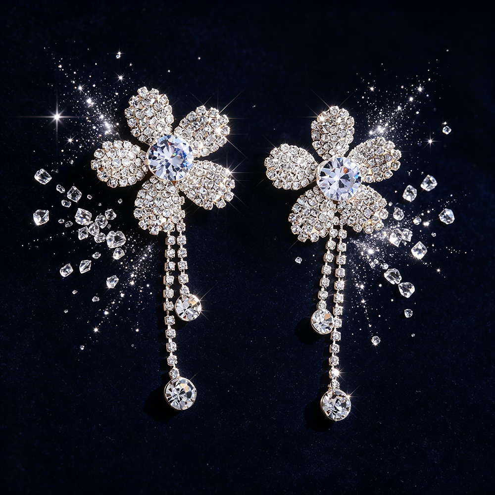 Women’s Flowers Earrings With Claw Setting, Silver Plated Copper, Rhinestones, Water Plating, Drop Earrings 5
