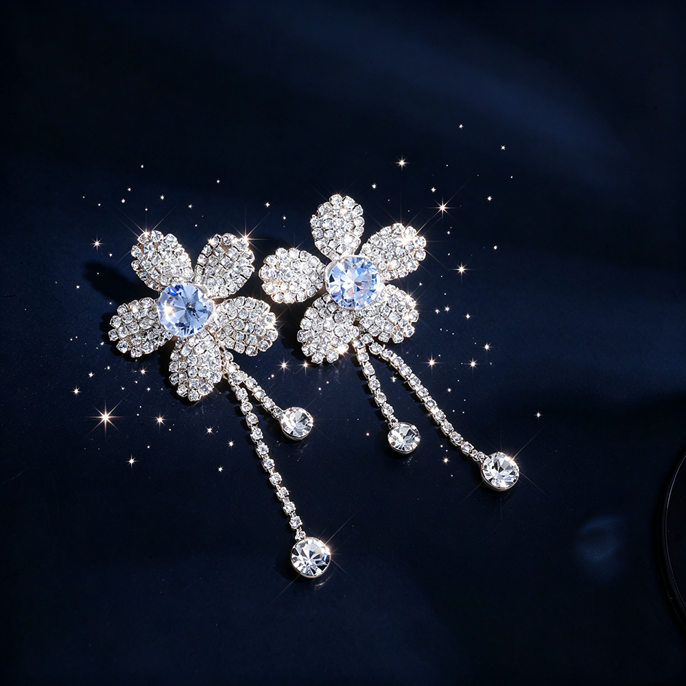 Women’s Flowers Earrings With Claw Setting, Silver Plated Copper, Rhinestones, Water Plating, Drop Earrings 6