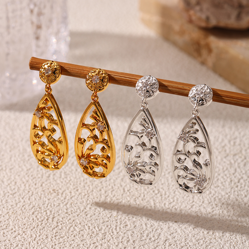 Women’s Flowers Drop Earrings With Carving, 18K Real Gold Plated Copper Featuring Zircon Inlay And Water Plating