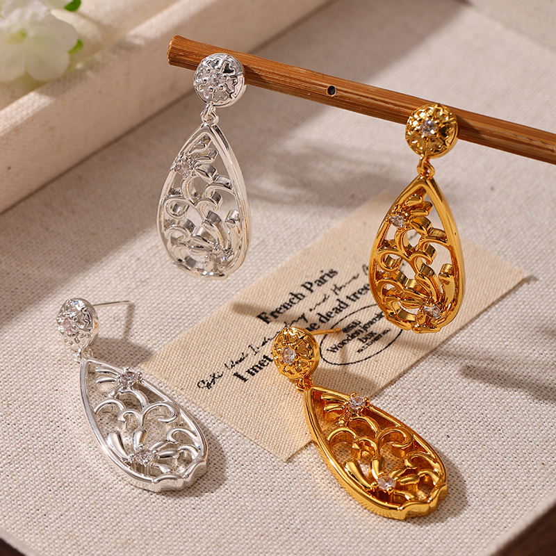 Women’s Flowers Drop Earrings With Carving, 18K Real Gold Plated Copper Featuring Zircon Inlay And Water Plating 4