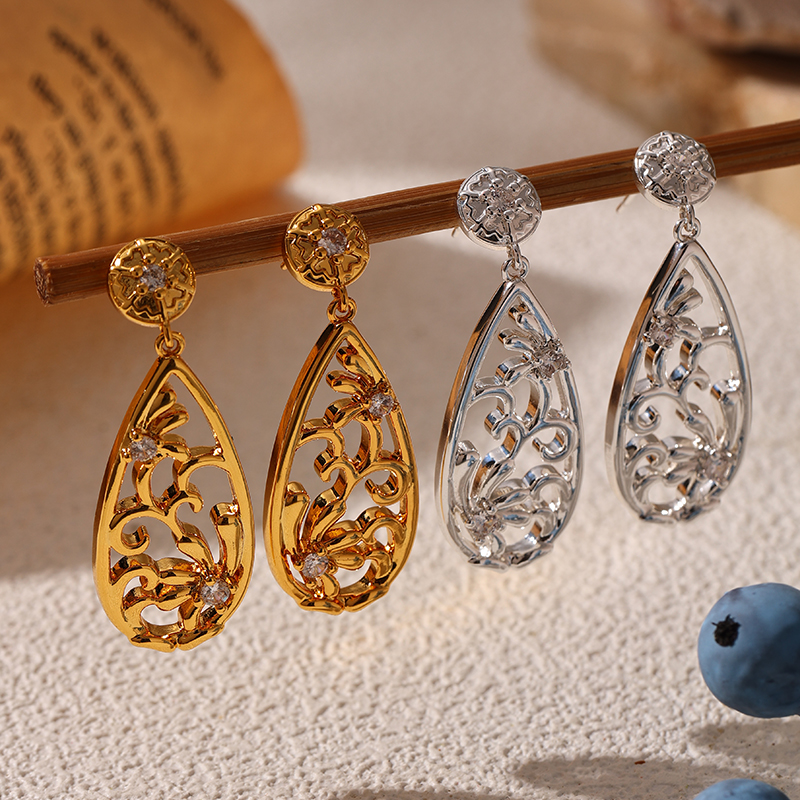 Women’s Flowers Drop Earrings With Carving, 18K Real Gold Plated Copper Featuring Zircon Inlay And Water Plating 5