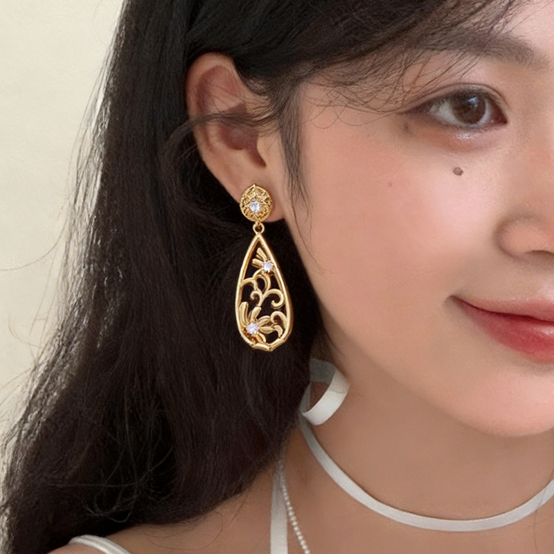 Women’s Flowers Drop Earrings With Carving, 18K Real Gold Plated Copper Featuring Zircon Inlay And Water Plating 6