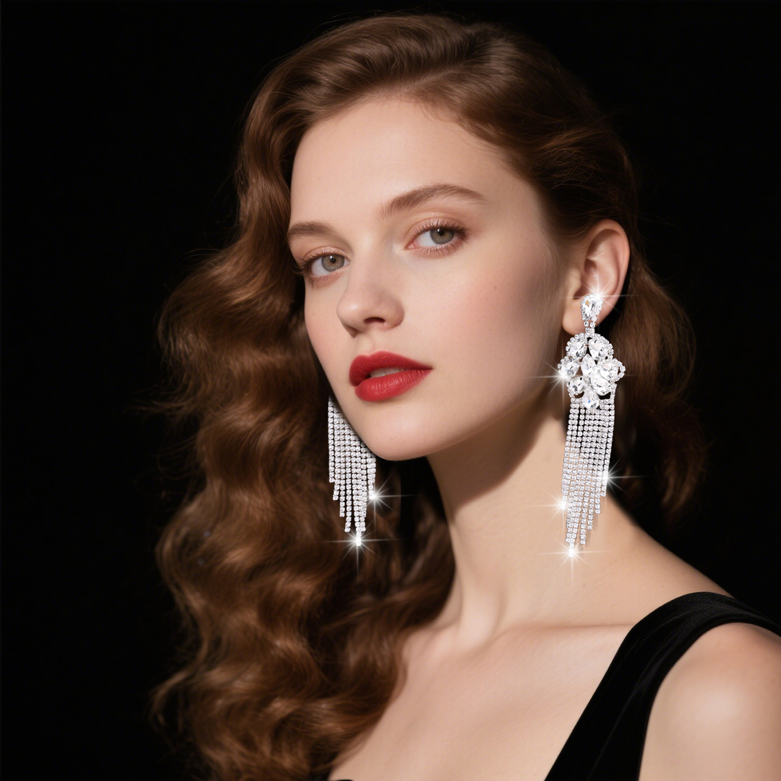 Women’s Flowers Drop Earrings With Claw Setting, Silver Plated Copper And Rhinestones, Featuring Water Plating Process