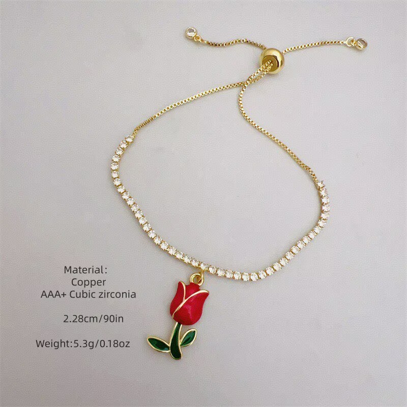 Women’s Flowers Inlay Bracelet With Zircon, Copper Base And 18K Real Gold PVD Coated Finish, Featuring Adjustable Slider Chain 2