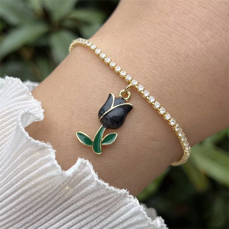 Women’s Flowers Inlay Bracelet With Zircon, Copper Base And 18K Real Gold PVD Coated Finish, Featuring Adjustable Slider Chain 4