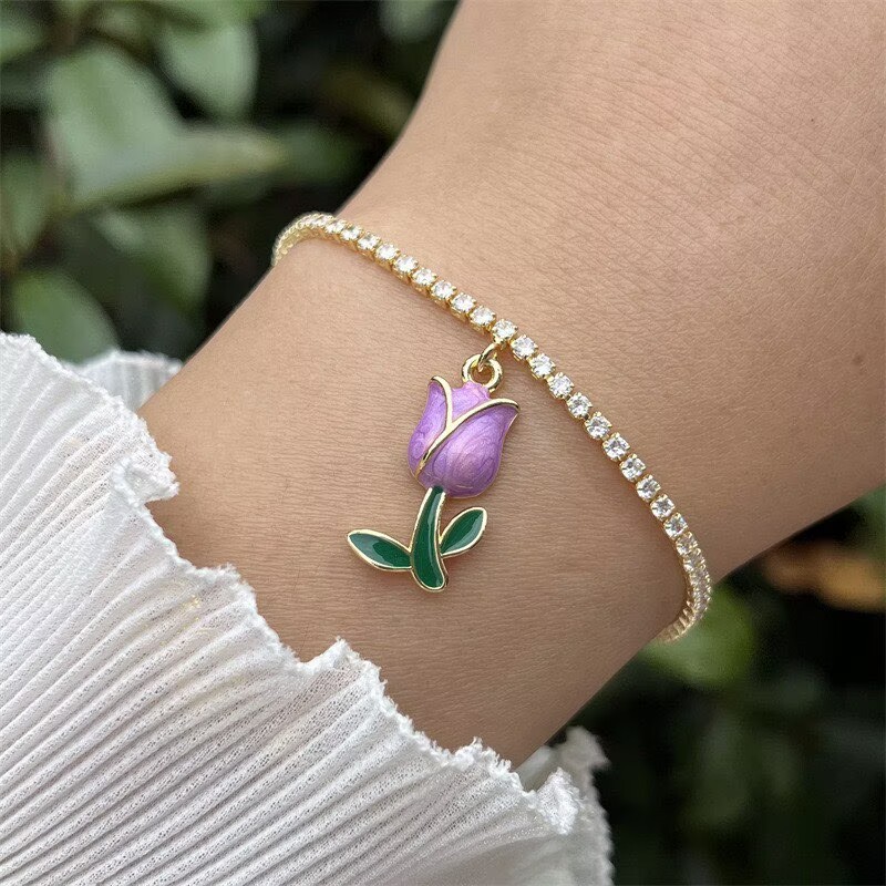 Women’s Flowers Inlay Bracelet With Zircon, Copper Base And 18K Real Gold PVD Coated Finish, Featuring Adjustable Slider Chain 5