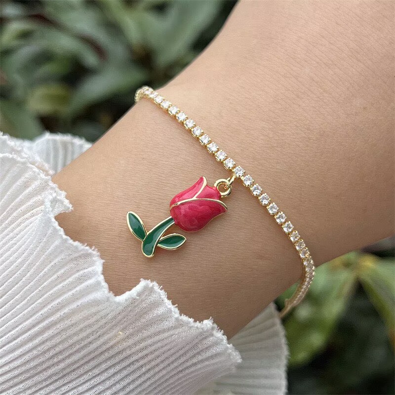 Women’s Flowers Inlay Bracelet With Zircon, Copper Base And 18K Real Gold PVD Coated Finish, Featuring Adjustable Slider Chain 6