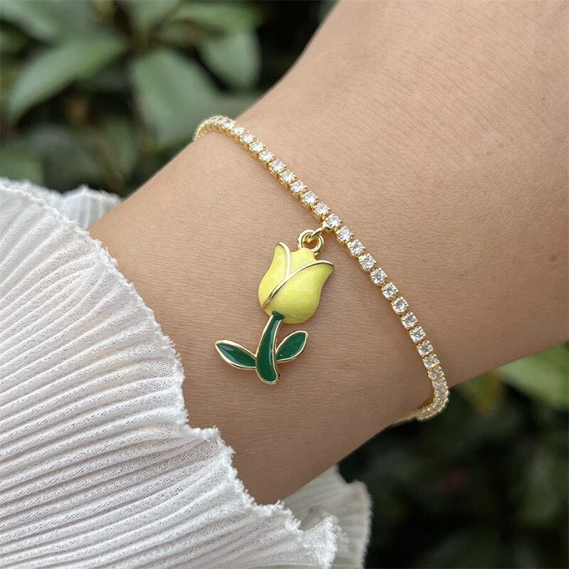 Women’s Flowers Inlay Bracelet With Zircon, Copper Base And 18K Real Gold PVD Coated Finish, Featuring Adjustable Slider Chain 7