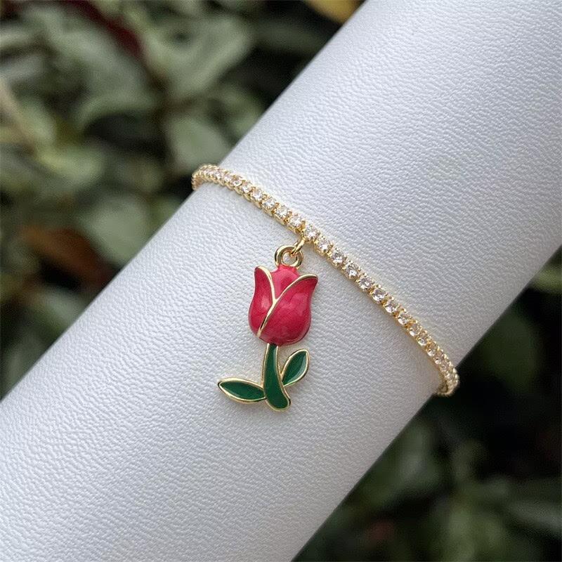 Women’s Flowers Inlay Bracelet With Zircon, Copper Base And 18K Real Gold PVD Coated Finish, Featuring Adjustable Slider Chain 10