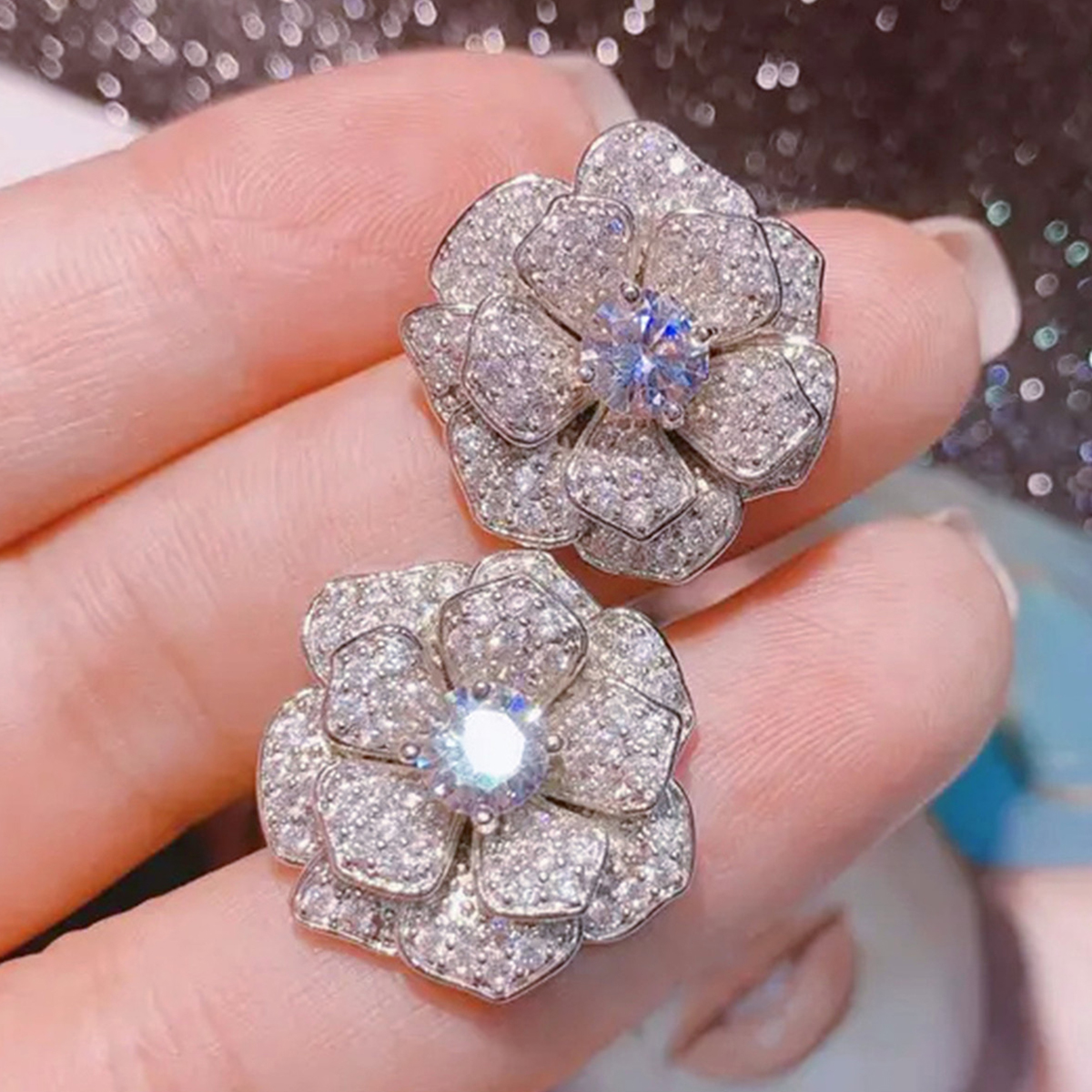 Women’s Flowers Stud Earrings With Claw Setting, Copper Base With White K Water Plating, Featuring Zircon Inlay