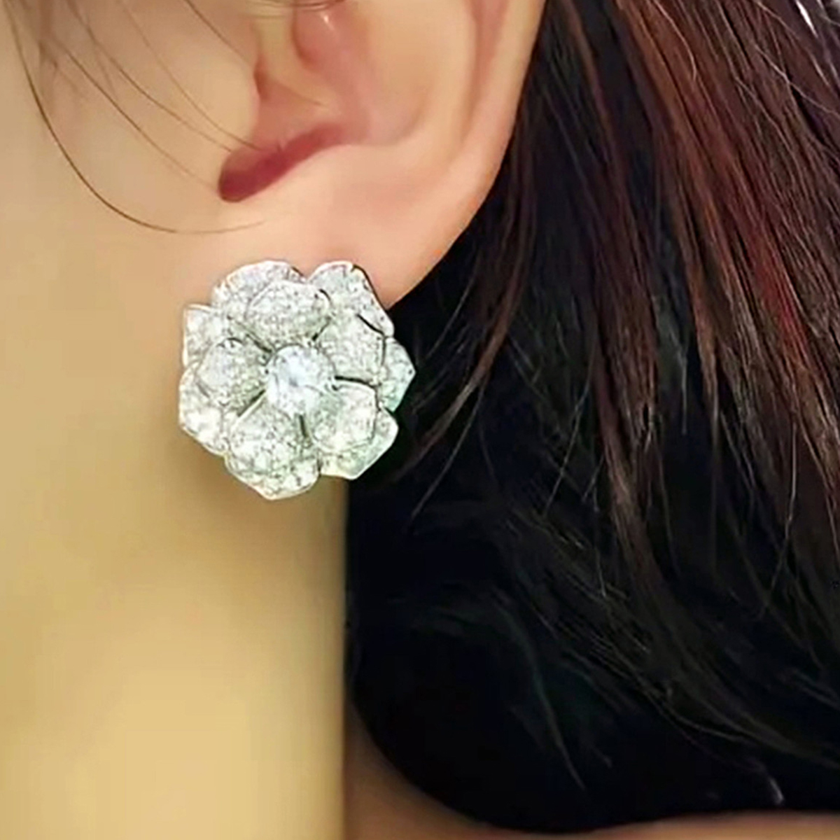 Women’s Flowers Stud Earrings With Claw Setting, Copper Base With White K Water Plating, Featuring Zircon Inlay 4
