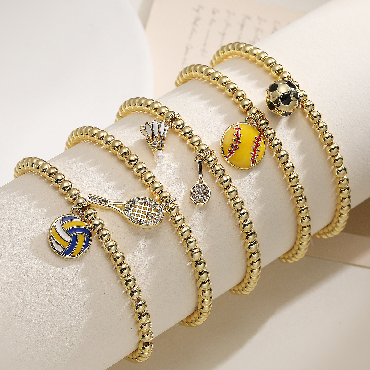 Women’s Football Beaded Chain Bracelet With Zircon Inlay, Copper Base, And 18K Real Gold Water Plating
