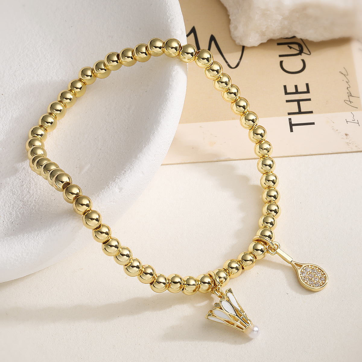 Women’s Football Beaded Chain Bracelet With Zircon Inlay, Copper Base, And 18K Real Gold Water Plating 6