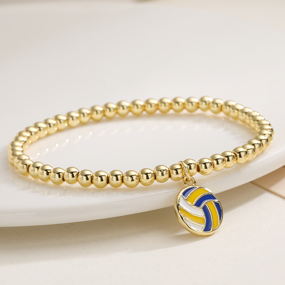 Women’s Football Beaded Chain Bracelet With Zircon Inlay, Copper Base, And 18K Real Gold Water Plating 7
