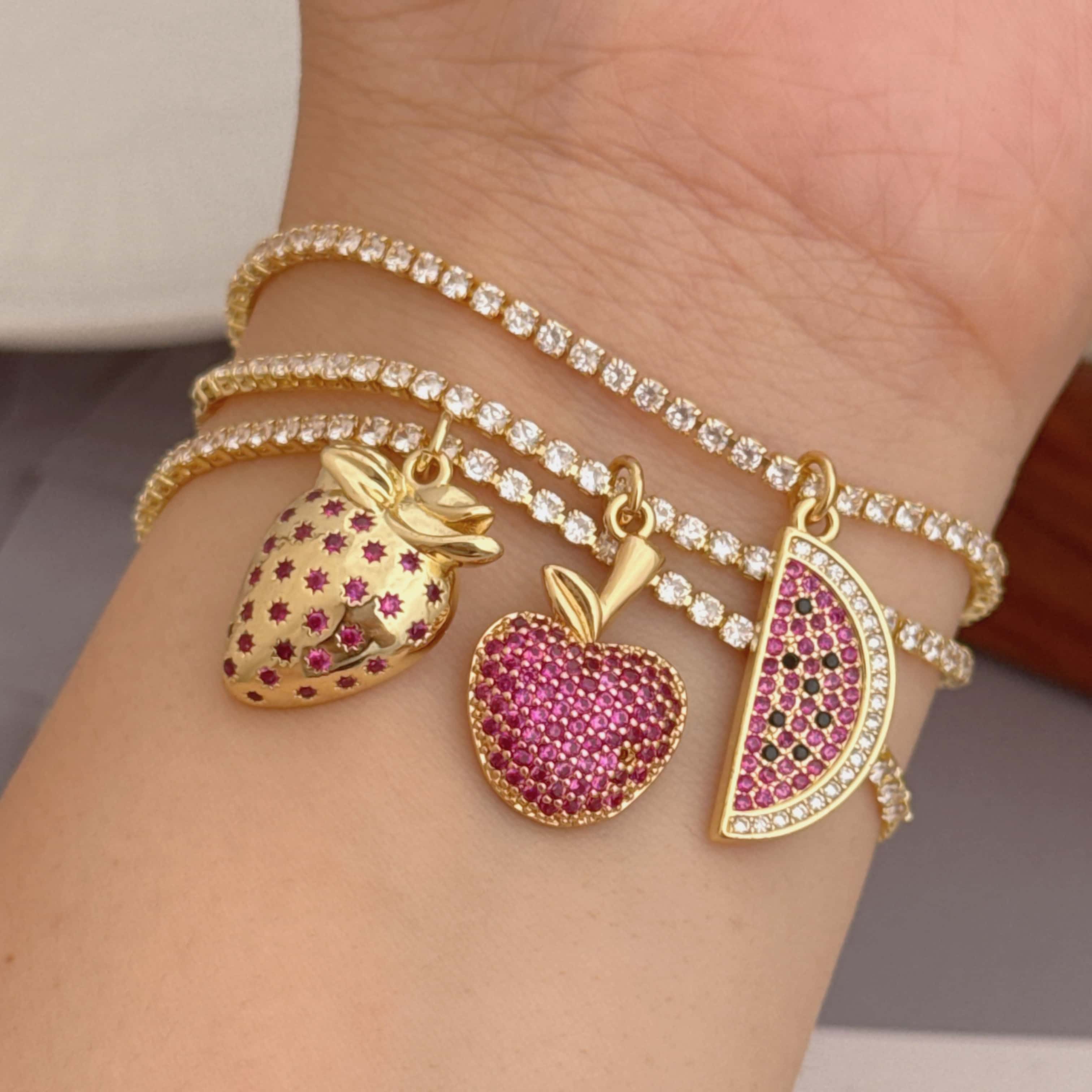 Women’s Fruit Bracelet With Bezel Setting, 18K Real Gold Plated Copper Tennis Chain Featuring Zircon Inlay