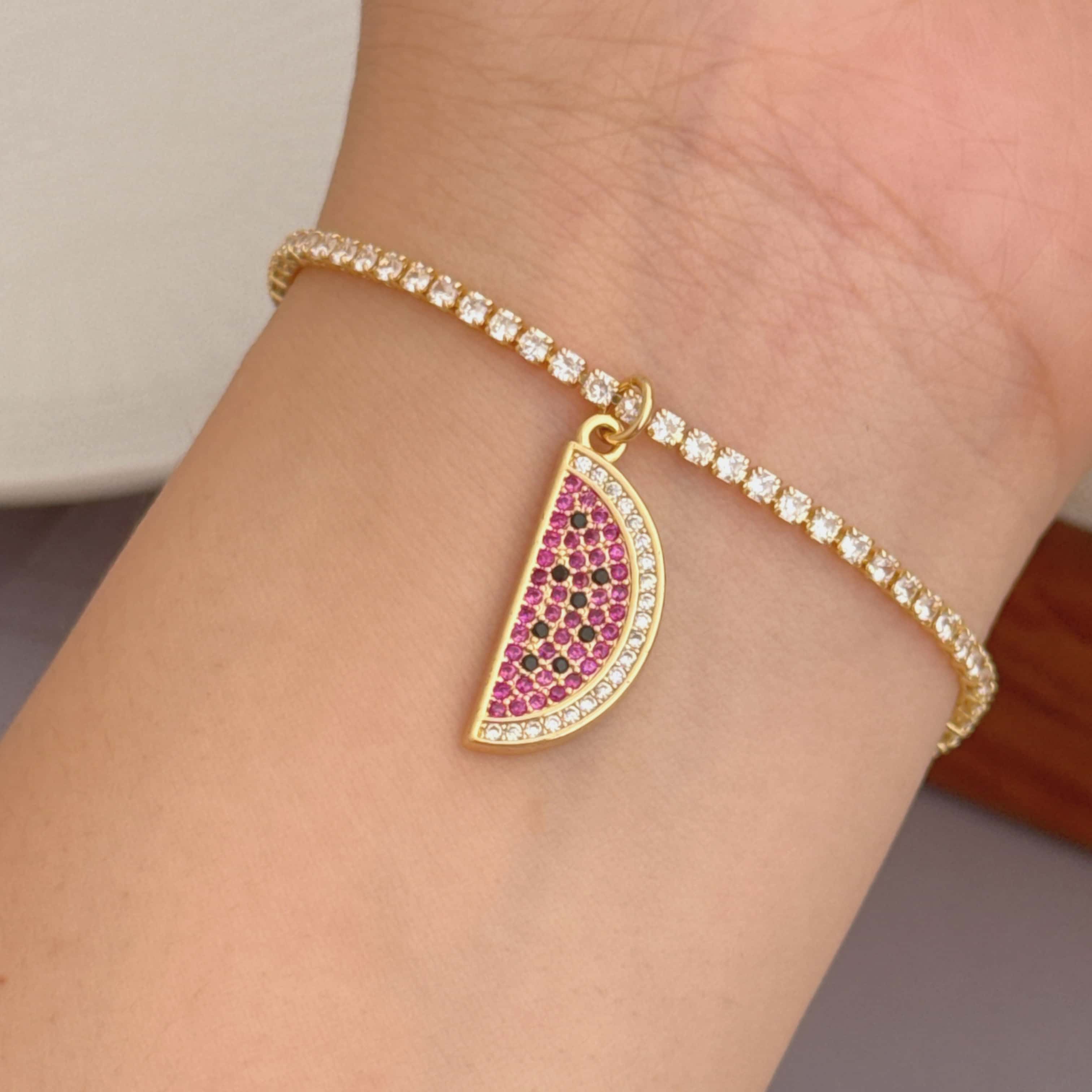 Women’s Fruit Bracelet With Bezel Setting, 18K Real Gold Plated Copper Tennis Chain Featuring Zircon Inlay 4