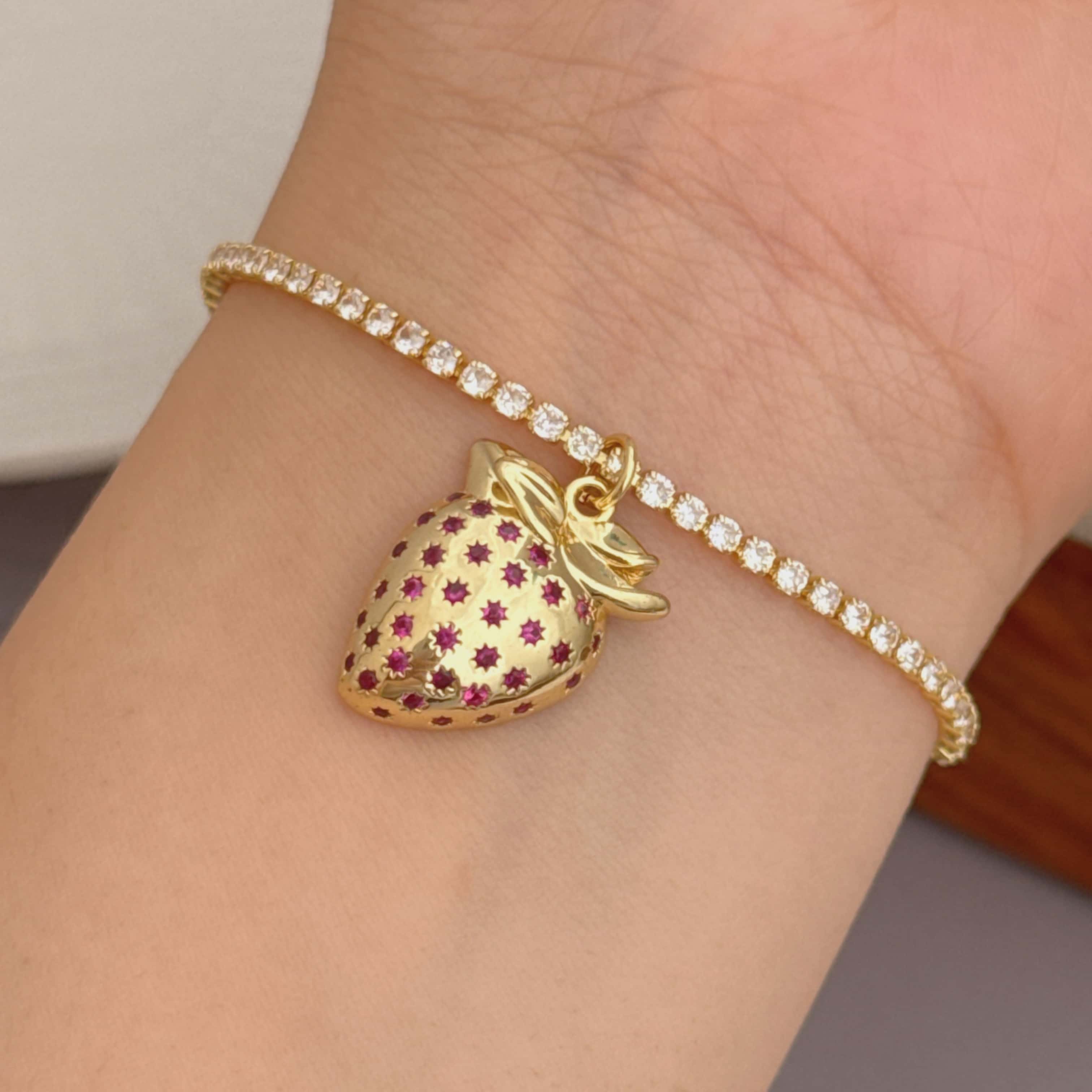 Women’s Fruit Bracelet With Bezel Setting, 18K Real Gold Plated Copper Tennis Chain Featuring Zircon Inlay 5