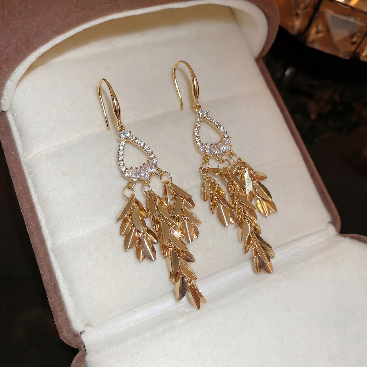 Women’s Real Gold Plated Copper Tassel Grain Drop Earrings Featuring Elegant Design
