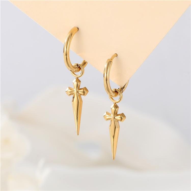 Women’s Hip-Hop Cross Earrings In 304 Stainless Steel, Steel Color, Perfect For Street Style 3