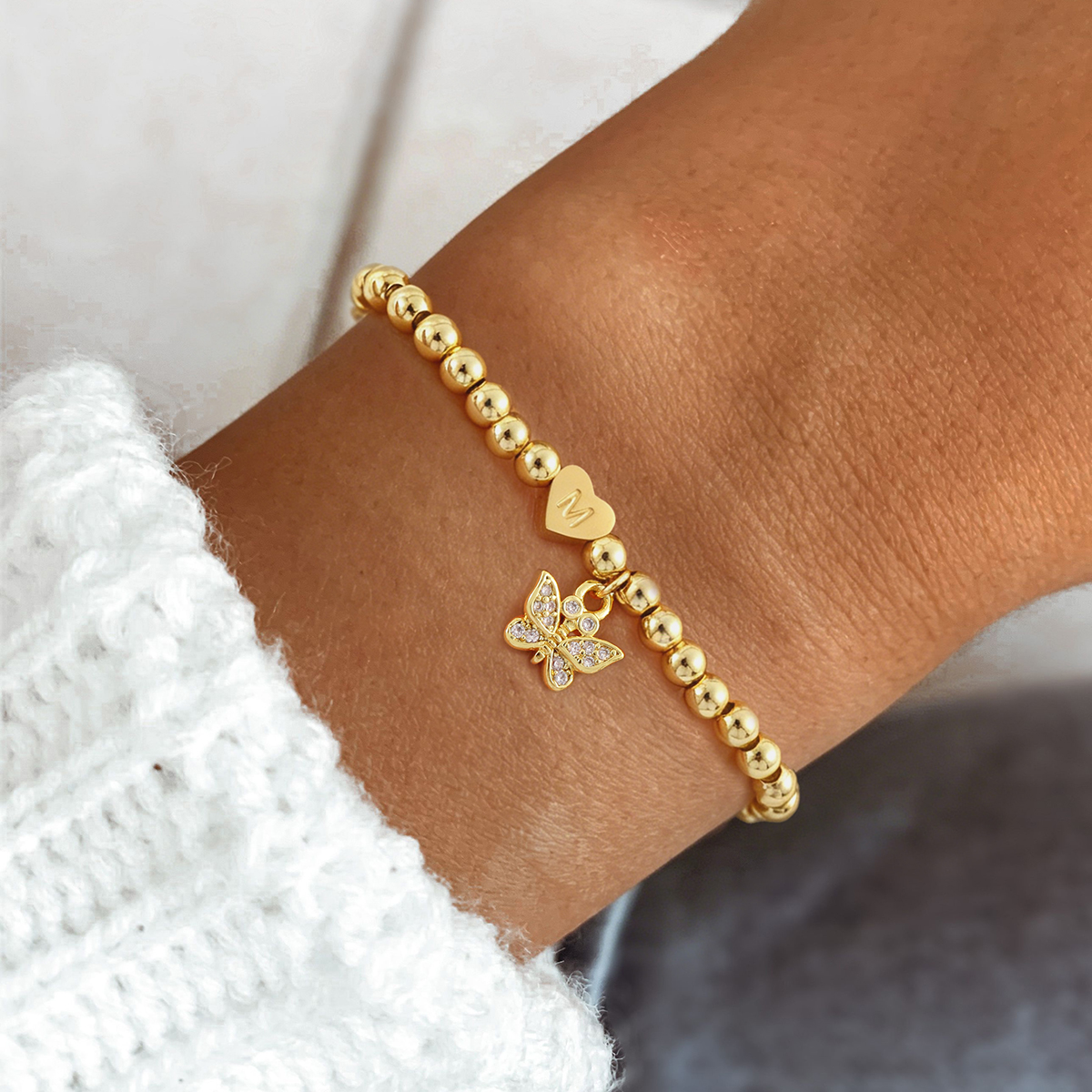 Women’s Letter Pattern Beaded Chain Bracelet With 18K Real Gold Plated Copper And Zircon Inlay, Electroplated Finish