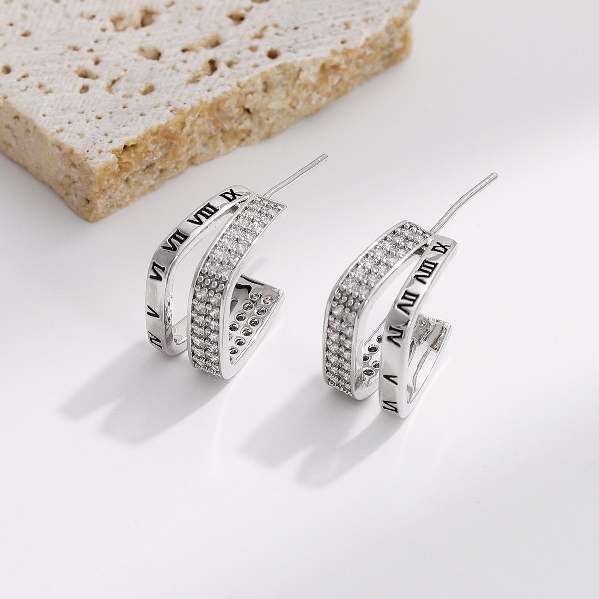 Women’s Letter Pattern Earrings With Bezel Setting, Copper Material And Zircon Inlay, Featuring Water Copper Plating 4