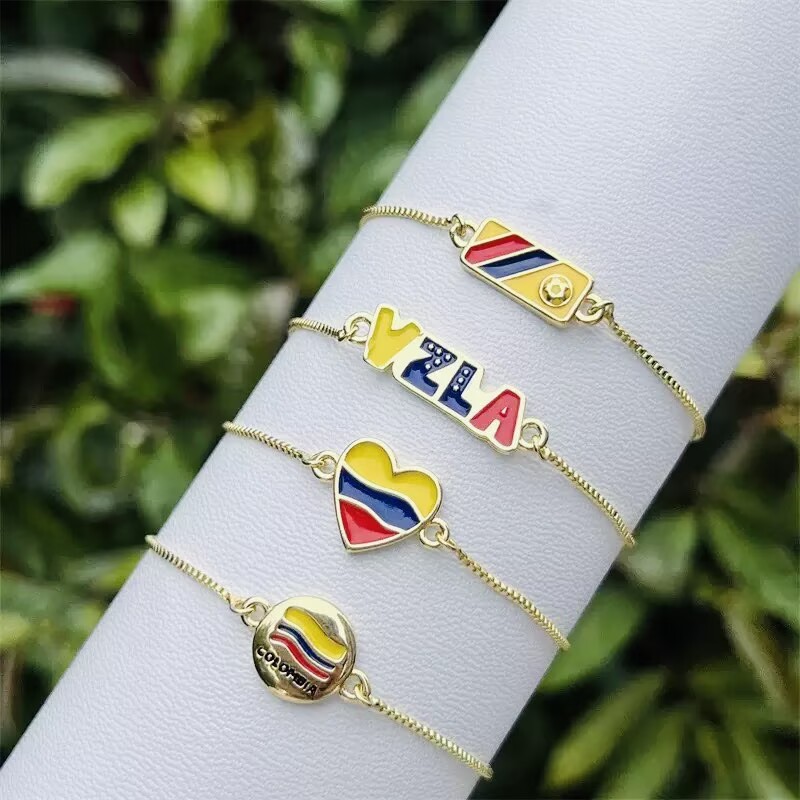 Women’s National Flag Bracelet With Bezel Setting, PVD Coated Copper, 18K Real Gold Plated Slider Chain