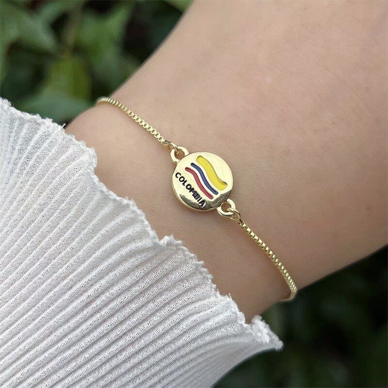 Women’s National Flag Bracelet With Bezel Setting, PVD Coated Copper, 18K Real Gold Plated Slider Chain 3